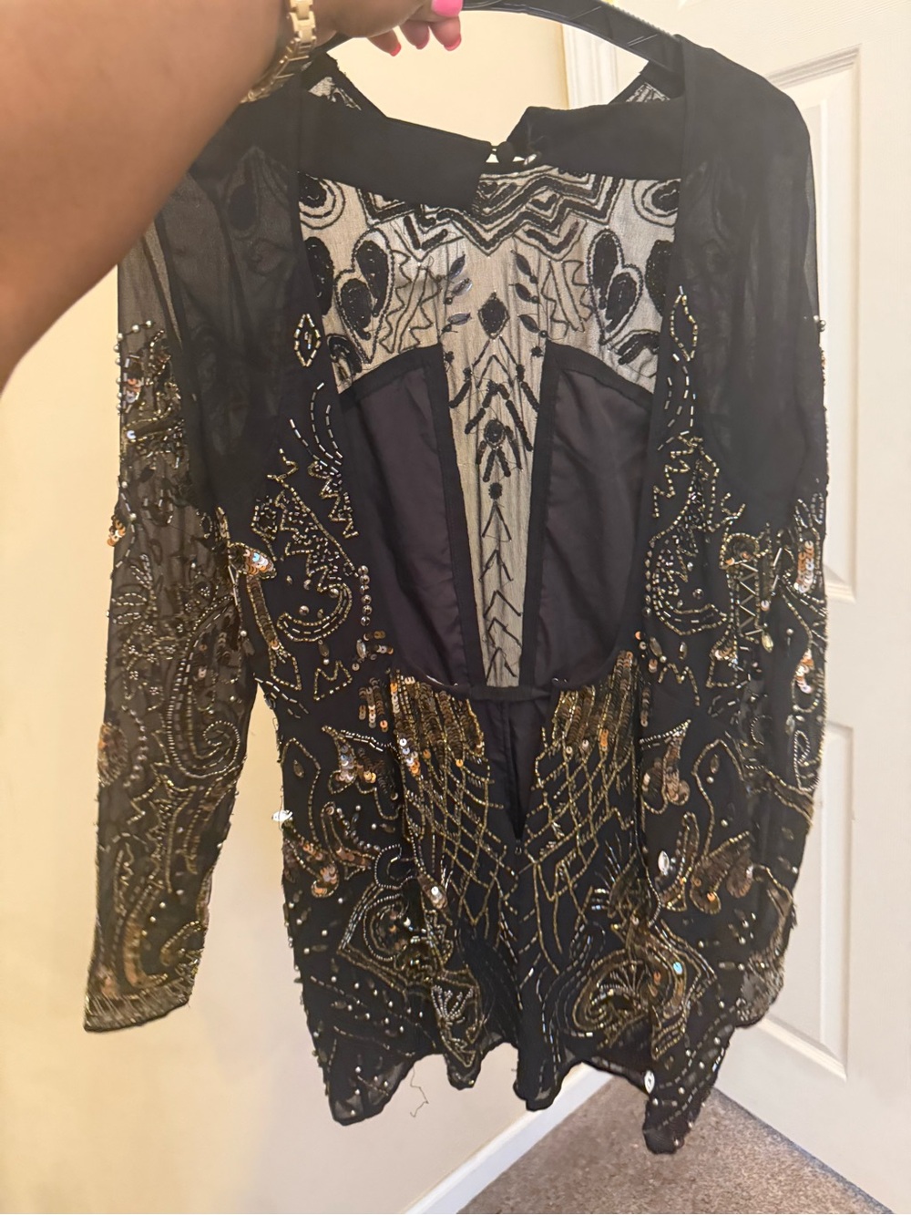 Black & Gold Beaded Women's Sheer Evening romper